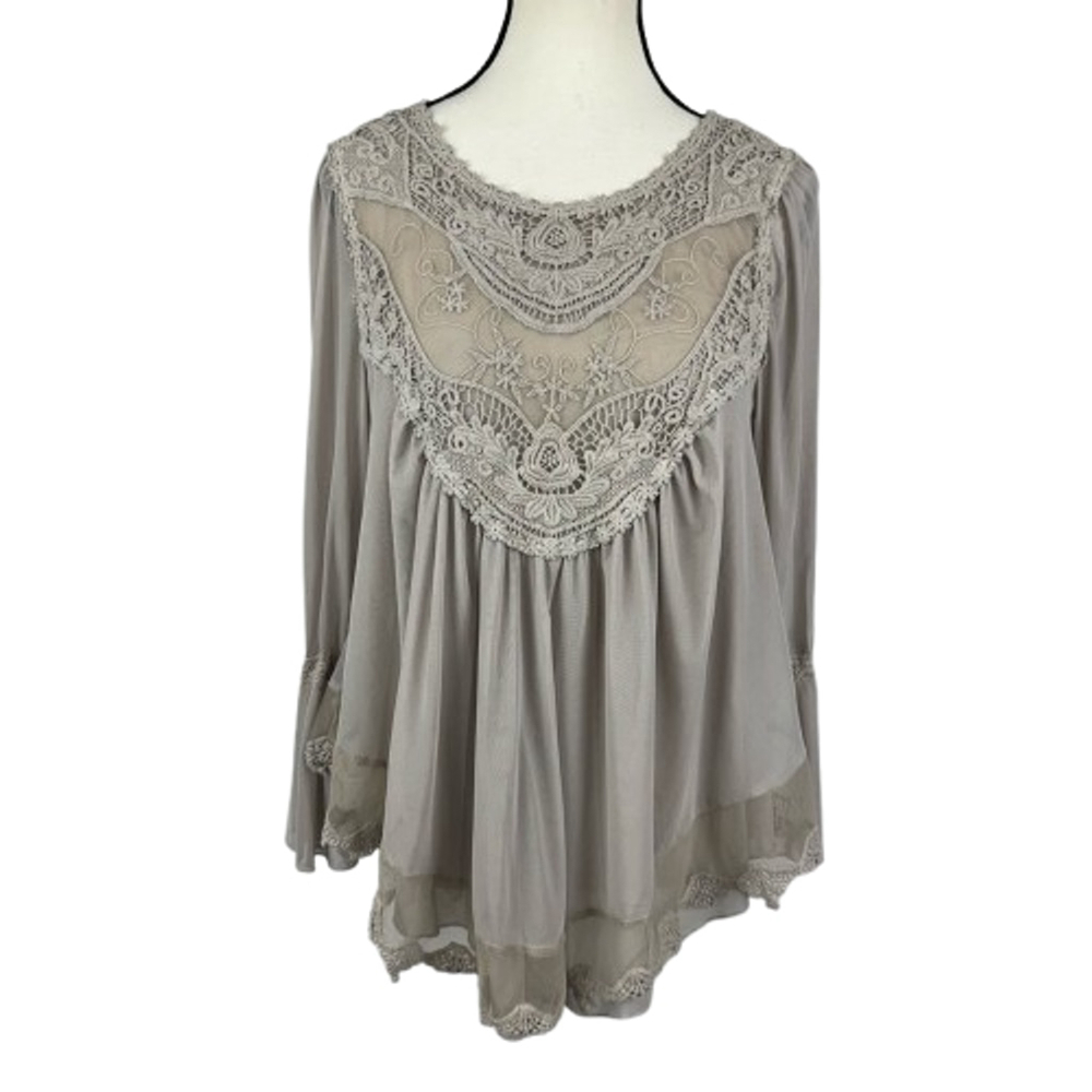 Ultra Pink Tan Mesh Top Womens Small Bell Sleeve Boho